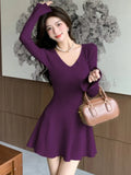 Nukty Autumn Solid Knitted Dresses for Women Elegant Fashion V-Neck Slim Evening Party Mini Dress Female A-Line Casual Vestidos Mujer