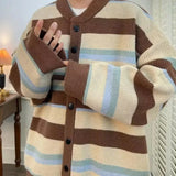 Nukty Vintage Cardigan Men Autumn Striped Harajuku Baggy Streetwear Cozy Contrast Color Daily Japanese Style Versatile Couple Tender