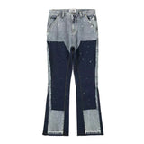 Nukty Streetwear Speckled Ink Color Match Y2K Baggy Jeans for Men Patchwork Rage Fringe Micro Denim Trousers Oversized Loose Cargos