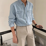 Nukty Autumn Men's Light Luxury Retro Popular Denim Shirt Leisure Long Sleeve Button-down Premium Solid Color Business Pocket Shirt