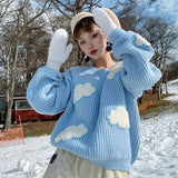 Nukty Women's Cozy Clouds Sweater Cute Cartoon Long Sleeve Crew Neck Pullover Jumper Fall Winter Knit Tops