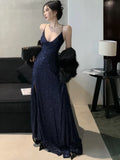 Nukty Elegant Backless V-Neck Split Party Dress Sexy Slim Luxury Gown Evening Dresses Fashion Robe Birthday Party Autumn Spring New