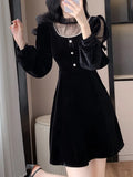 Nukty Elegant Black Velvet Mini Dress for Women Long Sleeve Bodycon Evening Dresses Korean Fashion Autumn Mesh Patchwork Outfits New