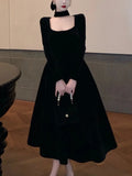 Nukty Autumn Winter Black Velvet Midi Dress Women France Vintage Long Sleeve Square Collar Birthday Party A-Line Vestidos Female Robe