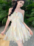 Nukty Summer Halter Mini Dress for Women French Style Off Shoulder Backless Ruffles Princess Birthday Party Dresses Slim Vestidos New