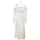 Nukty French Velvet Fur Collar Strapless Dress for Autumn and Winter Pure Desire with Sleeves Ins Long Dress