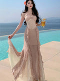 Nukty Sexy Spaghetti Strap Ruffle Slim Evening Long Dresses Elegant Fairy Beach Woman Clothing  Summer Holiday Vestidos Cocktail Robe