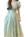 Nukty DRESS TO IMPRESS French Green Bubble Sleeve Dress Children 2024 Summer New Seaside Vacation Temperament Waist V-neck Long Dress