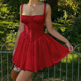 Nukty Sweet Backless Fashion Solid Lace Hem Suspender Mini Dress Y2K Bodycon Elegant Dresses Pretty Women Party Vestidos