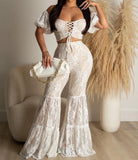 Lace Women's Set Off Shoulder Lace Up Crop Top and Flare Pants 2023 Street Two 2 Piece Sets Outfit Tracksuit