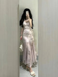 Nukty Summer France Princess Vintage One Piece Dress Women V Neck Sexy Y2k Elegant Evening Party Dress Female Slim High Street Clothes