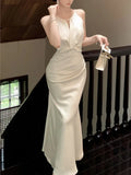 Nukty Elegant Satin Mermaid Womens Dresses Sexy Halter Spaghetti Strap Bodycon Evening Party Dress Summer Slim Waist Vestidos Robe New