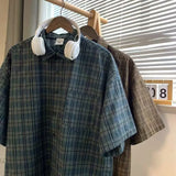 Nukty Japan Vintage Plaid Short Sleeve Shirt for Men Y2k Streetwear Korean Harajuku Loose Casual Half Sleeve Mens Shirts Jacket Coat