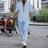 Nukty Autumn Casual Simple Style Mens Sets Long-shirts Long Pants Solid All-match Henry Collar Striped Two-piece Sets S-3XL