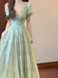 Nukty DRESS TO IMPRESS French Green Bubble Sleeve Dress Children 2024 Summer New Seaside Vacation Temperament Waist V-neck Long Dress