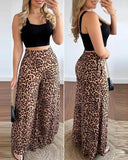 Nukty Two Piece Sets Women Outifits Summer Fashion Square Neck Sleeveless Crop Tank Top & Leopard Print Pocket Wide Leg Pants Set