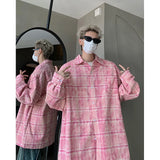 Nukty Autumn Fashion Men Women Plaid Shirts Oversize Button Up Long Sleeve Tops Korean Loose Casual Outwear Couples Shirt Pink/Blue