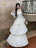 Nukty Elegant Fairy Womens Dresses Knitted Patchwork Flare Sleeves Princess Cake Long Dress Autumn Party Prom A-Line Vestidos Robe New