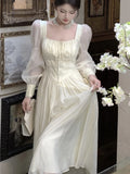 Nukty Elegant Princess Party Dress Women High Waist A-line Lace Up Autumn Spring French Vintage Prom Robe One Piece Vestidos Mujer New