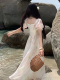 Nukty Women Vintage Floral Print Midi Dress Summer New Fashion Casual Square Collar Female Puff Sleeve Elegant Fairy Holiday Vestidos