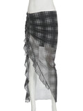 Nukty Casual Plaid Srawstring Ruffles Split Skirt See Through Slim Low-Waisted Maxi Skirts Women Summer Fashion Streetwear