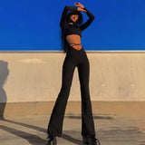 Nukty Sexy High-waist Bell-bottoms Women Slim Fit Lace Up Casual Skinny Pants Y2K Harajuku Street Elastic Wide Leg Trousers