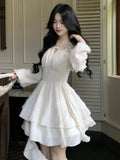 Nukty Elegant Off Shoulder Halter Ruffles Mini Dress Women Autumn Solid Fairy Long Sleeve A-Line Pleated Vestidos Mujer Korean Clothes