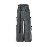 Nukty RO Style Gradient Ribbons Multi-pockets Drawstring Jeans for Men Harajuku Streetwear Baggy Y2K Denim Trousers Oversized Cargos