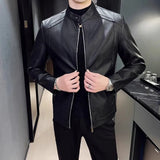 Nukty New Men Leather Jacket Classic Slim Fit Motorcycle PU Leather Jacket Solid Color Standing Collar Men Large Black Leather Jacket
