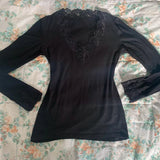 Nukty Black Lace Trim T Shirt Kawaii Vintage Lace V Neck Crop Top Chic Women Slim Fit Long Sleeve Tee Autumn Spring Elegant Clothes