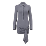 Nukty Sexy Turn-down Collar Long Sleeve Solid Mini Dress Y2K Chic Slim fit Women Vacation Dresses Summer New Party Vestidos