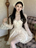 Nukty Sweet Fairy Womens Dresses Elegant Lace Patchwork Bow Lace-up Square Collar Flare Long Sleeve Party Mini Dress Short Vestidos