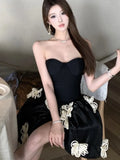 Nukty Spring Summer Elegant Chic French Strapless Women's Dresses Black Backless Slim Fit Wasit Spliced Ball Gown Dress Party