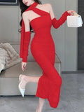 Nukty Fashion Sexy Halter Pleated Party Dress for Women Vintage Elegant Autumn Strapless Birthday Ladies Bodycon Split Vestidos Mujer