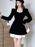 Nukty Korean Velvet Mini Dress Elegant Long Sleeve Square Collar Patchwork A-Line Birthday Party Vestidos High Waist Female Dresses