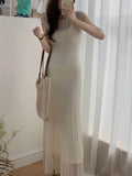 Nukty France Gentle Elegant Mesh Dress For Woman Spring Summer Lace Patchwork Two Pieces Sets Sling Dresses Causal Office Lady New