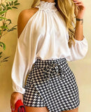 Nukty Autumn Sexy Bodycon Skirts Two Piece Suit Women Frill Hem Shirred Neck Cold Shoulder Top & Houndstooth Wrap Tie Front Shorts Set
