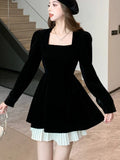 Nukty Korean Velvet Mini Dress Elegant Long Sleeve Square Collar Patchwork A-Line Birthday Party Vestidos High Waist Female Dresses