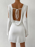 Nukty Sexy Hollew Out V Neck Bodycon Mini Dress Women's Long Sleeve Open Back Lace Up Wrapping Short Skirt Nightclub Party Dress