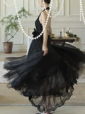 Nukty French Elegant Black Midi Women's Evening Dresses Mesh V-Neck Backless Halter Sequin Vestidos Spring Summer Prom Female Clothes