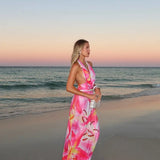Nukty Elegant Flower Print V-neck Pleated Maxi Dress Women Sexy Backless Sleeveless Slim Robes Casual Vocation Beach Party Vestidos
