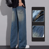 Nukty Spring Summer New Jeans Male Casual Wide Leg Wash Fashion Baggy Denim Trousers Straight Leg Vintage Solid Color Pants