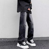 Nukty Men Star Embroidery Straight Casual Jeans Male New Fashion Straight Wide Leg Loose Hip Hop High Street Baggy Denim Trousers