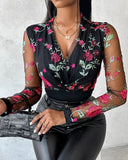Nukty Female T-Shirts Pullover Tops Sexy Blouses Floral Embroidery Sheer Mesh Long Sleeve Top Autumn Spring New Fashion Casual