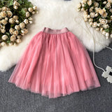 Nukty Sweet Women Mini Skirt Mesh Solid Tierred Ruffles Elastic Waist Women's Clothing Almighty A-line Tulle Skirts Summer