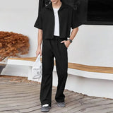 Nukty 2024 Men Sets Solid Color Streetwear Lapel Short Sleeve Shirt & Pants Two Pieces Sets Fashion Men's Casual Suits S-5XL