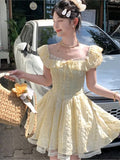Nukty French Elegant Y2K New Preppy Style Mini Dress Sweet Yellow Lace Puff Sleeves Square-Collar A-Line Slim Wasit Woman Dresses