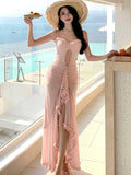 Nukty Elegant Spaghetti Strap Party Dress for Women Sexy Sleeveless Ruffles Evening Dresses Summer Holiday Chiffon Beach Vestidos New