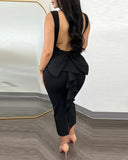 Nukty Sexy Plunge Ruffle Dresses for Women Elegant Thick Straps Deep V Neck Bow Decoration Backless Midi Sexy Formal Party Dress