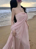 Nukty Summer Pink Elegant Pleated High Waist Split Long Dress Women Fashion Backless Halter Strapless Fairy Dress Female 2024 Vestido